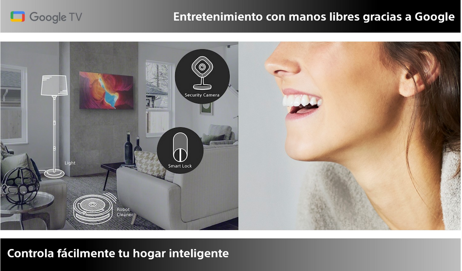 Un anuncio de Google TV muestra a una mujer sonriendo, una sala de estar moderna e iconos de hogar inteligente.