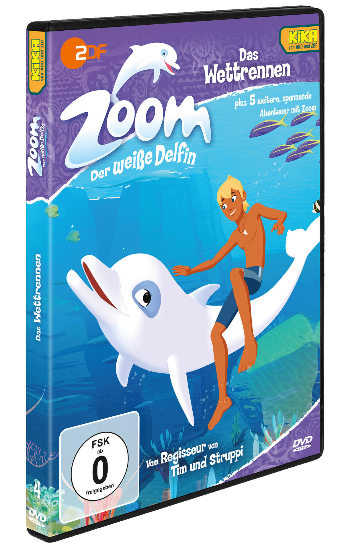 DVD-Hülle für die Animation Zoom, der weiße Delfin. Zeigt einen Jungen und einen Delfin im Ozean.
