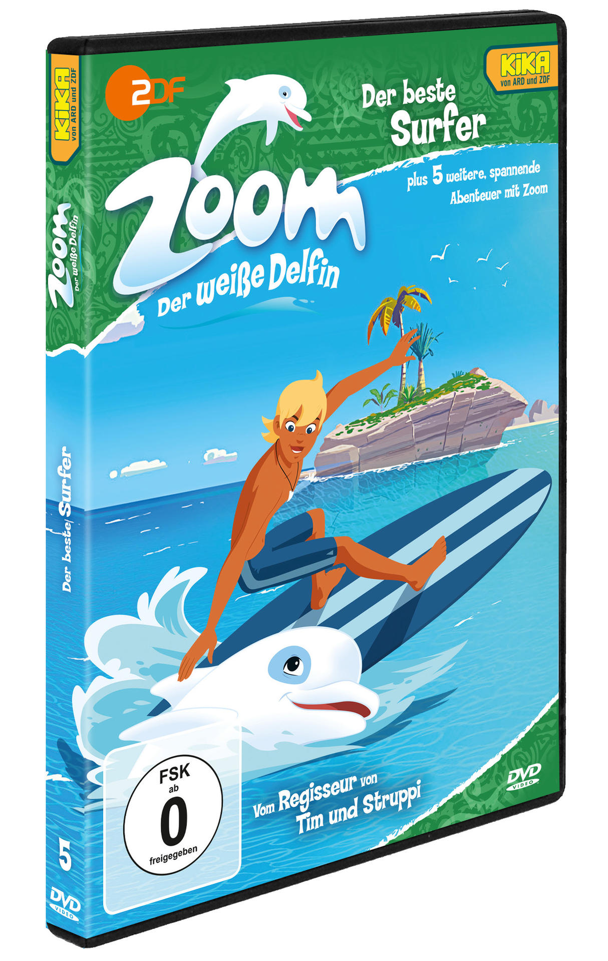 DVD-Cover eines Zeichentrickfilms, Junge surft mit Delfin auf blauem Meer.