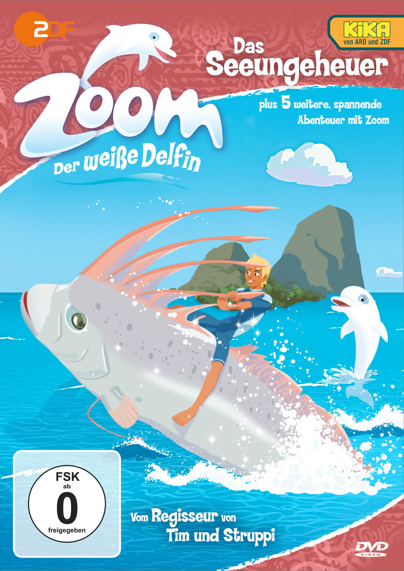 DVD-Cover: Ein Junge reitet einen weißen Delfin. Titel: Zoom, Der weiße Delfin.