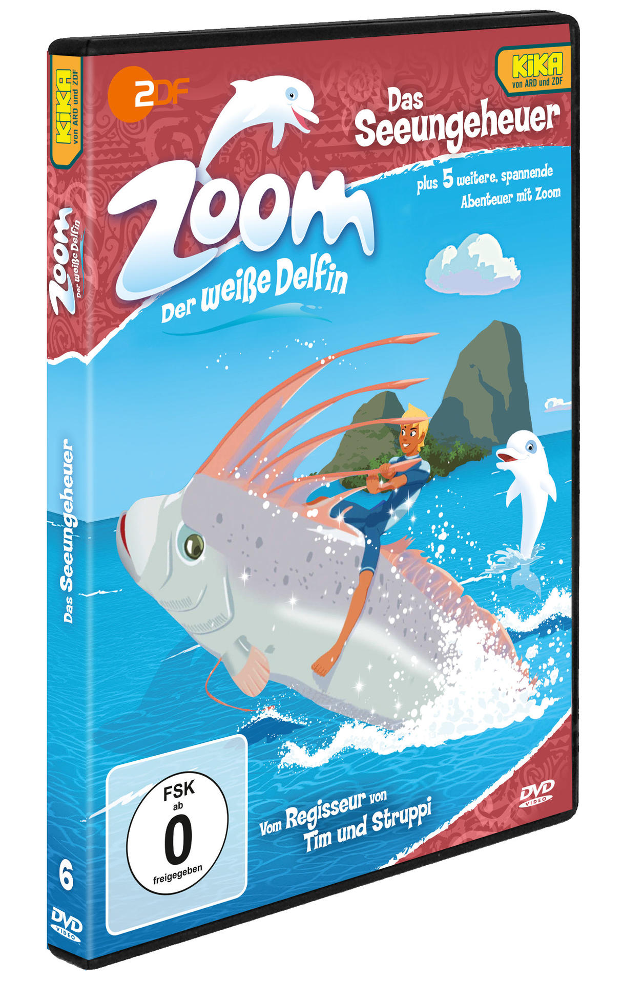 DVD-Hülle: Cartoon-Delphin reitet auf einem Fisch. Ein Junge sitzt auf dem Fisch. Blaues Meer und Himmel.