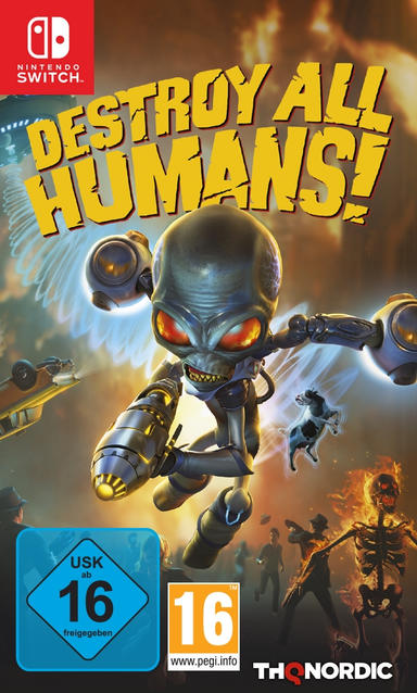 Videospiel-Cover: ein Alien mit Waffe. Titel "DESTROY ALL HUMANS!". Hintergrund zeigt Aliens, Explosionen und eine Kuh.