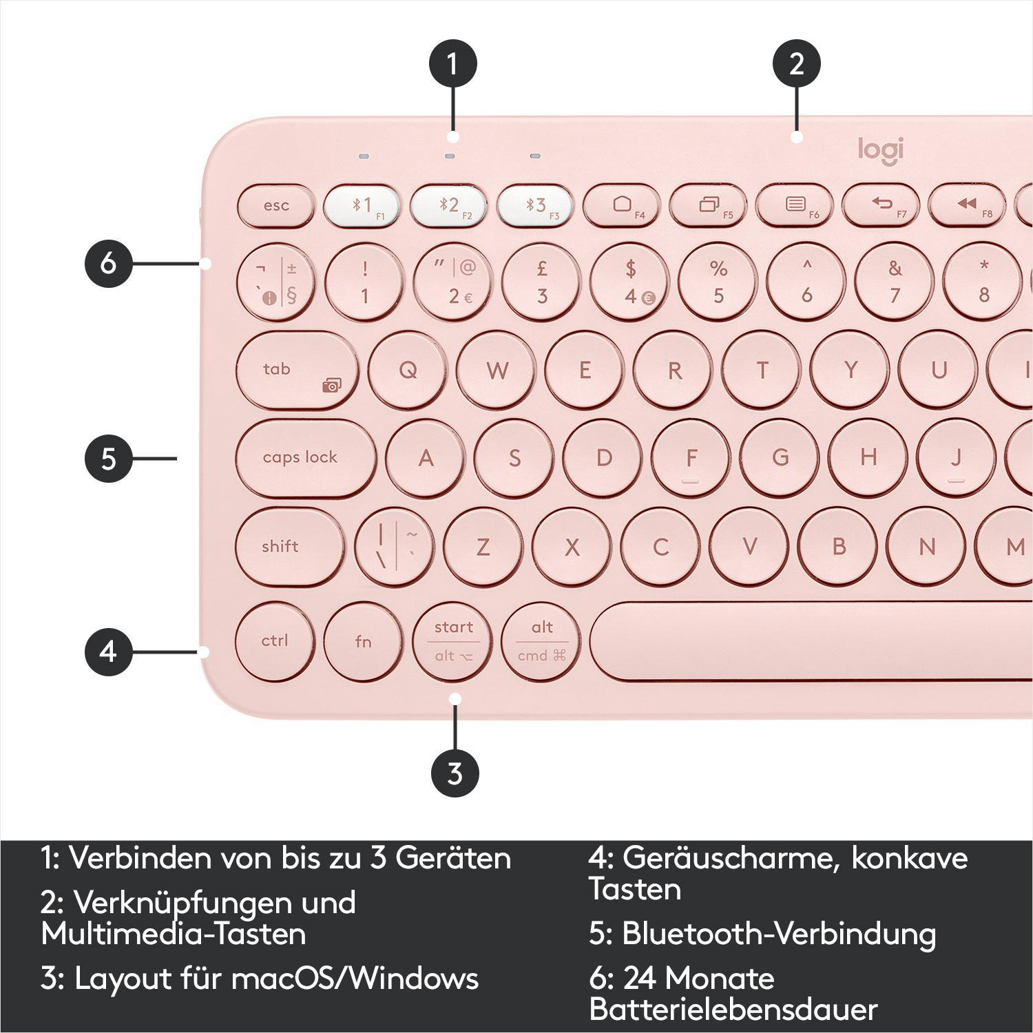 LOGITECH K 380 Multi-Device kabellos, Bluetooth, Rosé  Tastatur