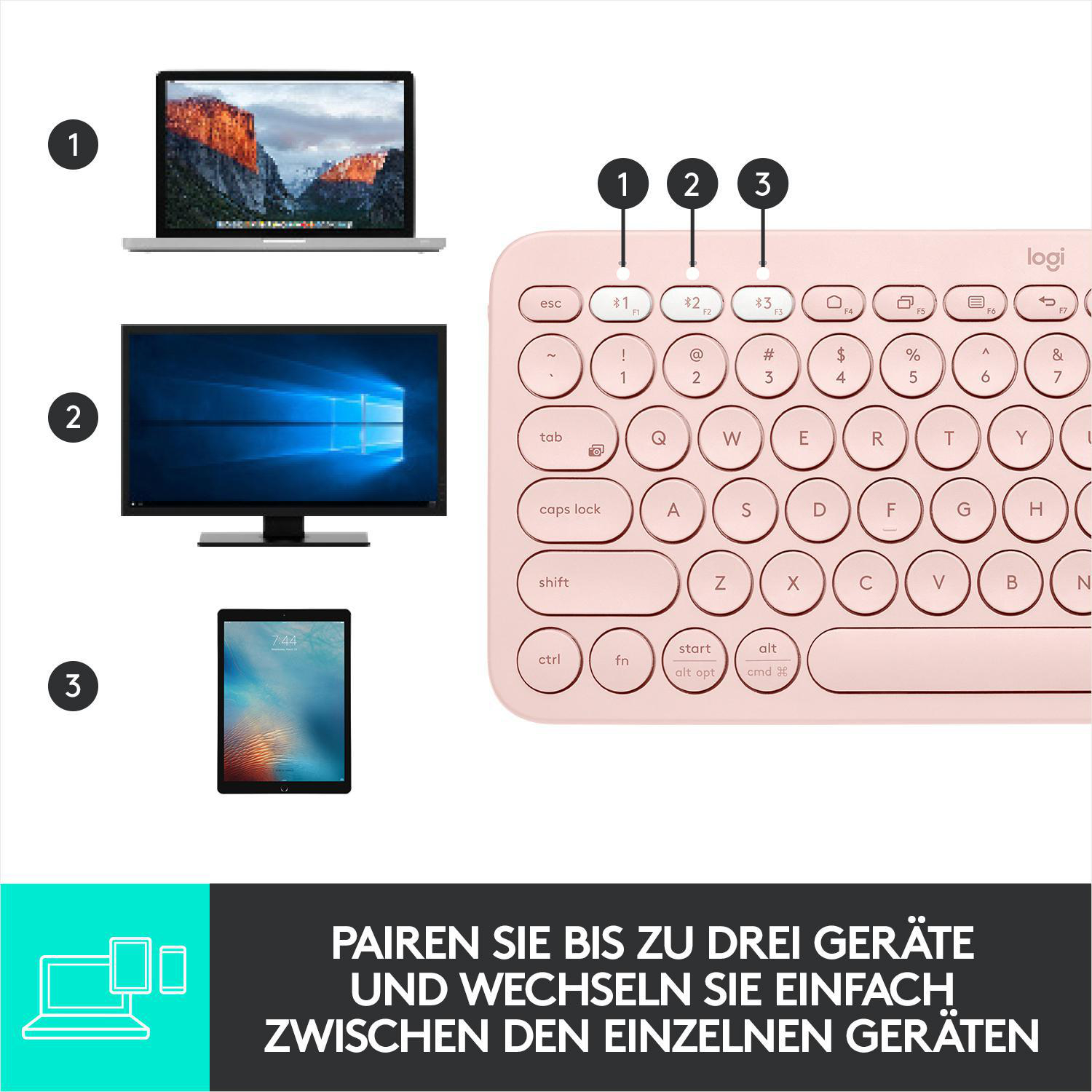 LOGITECH K 380 Multi-Device Rosé  Bluetooth, kabellos, Tastatur