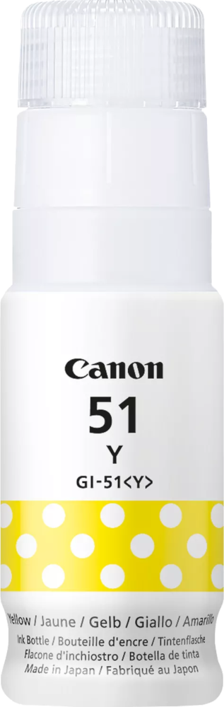 Canon inktfles, geel met witte stippen, met tekst: Canon 51 Y. Gele inkt.