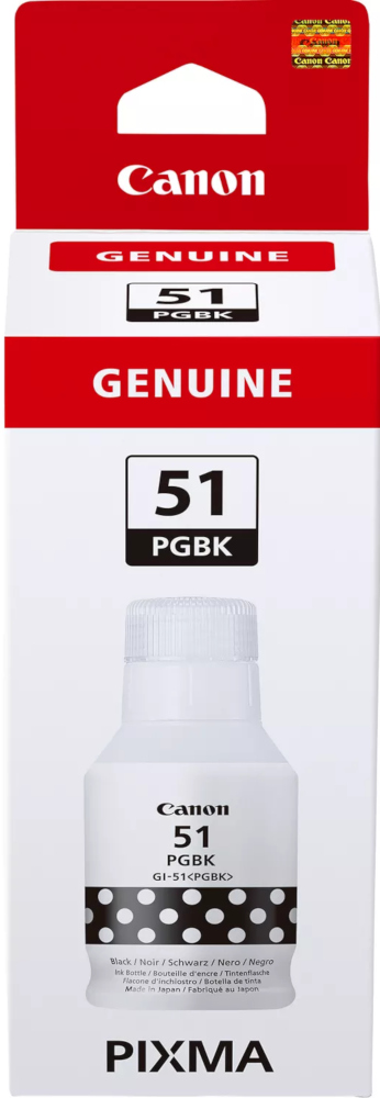 Bouteille d'encre Canon avec étiquette noir et blanc, dans une boîte rouge et blanche, sur blanc.