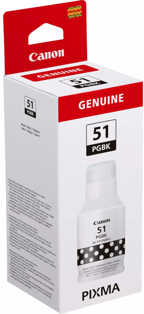 Une boîte blanche d'encre Canon, avec une bouteille à l'intérieur et du texte en plusieurs langues.