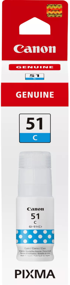 Canon 51 inktcartridge in een witte fles met blauw label, rode achtergrond. De fles is gelabeld.