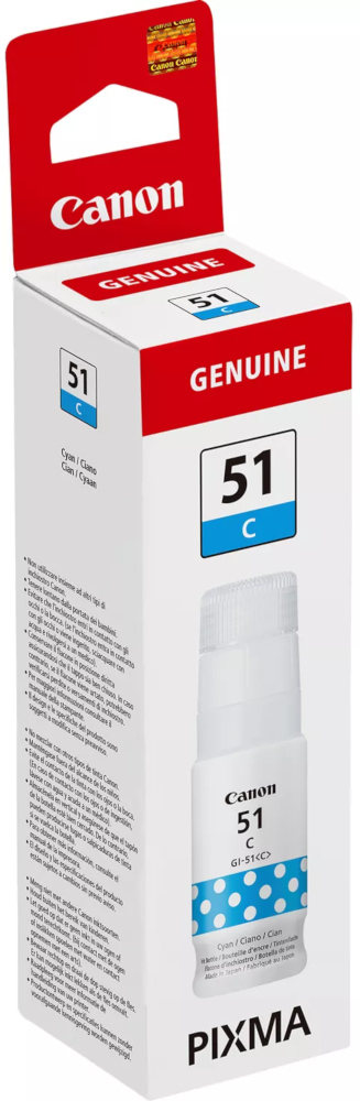 Canon inktcartridge doos met een blauwe inktfles en tekst, witte achtergrond.