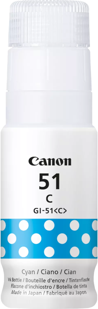 Een blauwe Canon inktfles, met een witte achtergrond. Tekst: Canon 51 C, Cyaan.