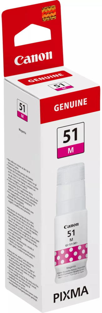 Canon magenta inktcartridge in een doos. De doos is rood en wit met tekst.