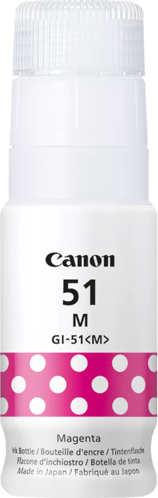 Magenta Canon 51M inktfles met witte stippen en het Canon logo.