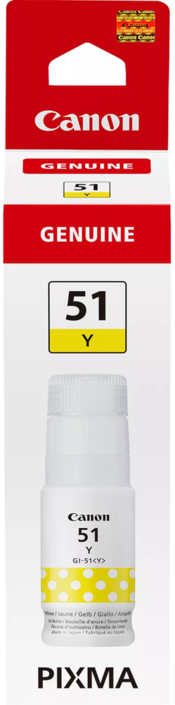 Een Canon inktcartridge, met het label 51Y, gele inkt, met een witte fles en rode verpakking.