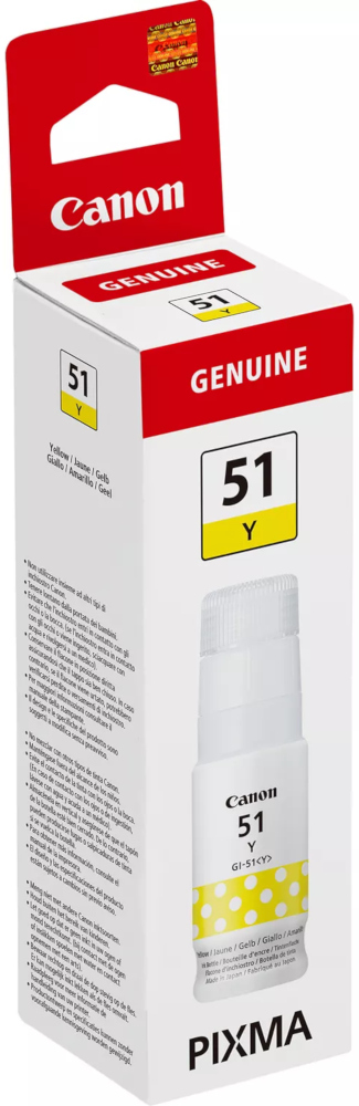 Een gele Canon inktcartridge doos. De doos is rood en is gelabeld met het nummer 51 en het woord Genuine.