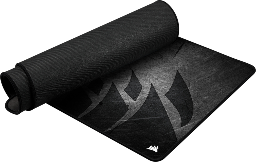 Black mousepad with a rolled-up section, showing the bottom and the Corsair logo.