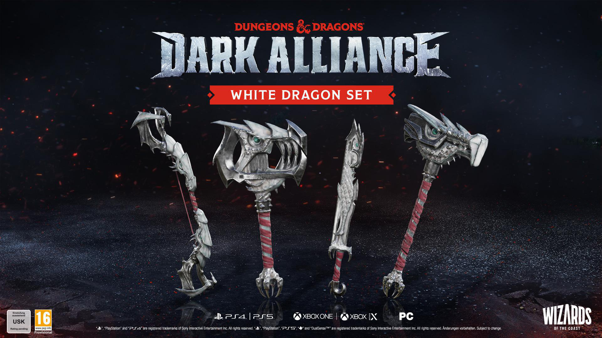 Vier Waffen aus Dungeons & Dragons Dark Alliance. Die Waffen sind silber und rot.