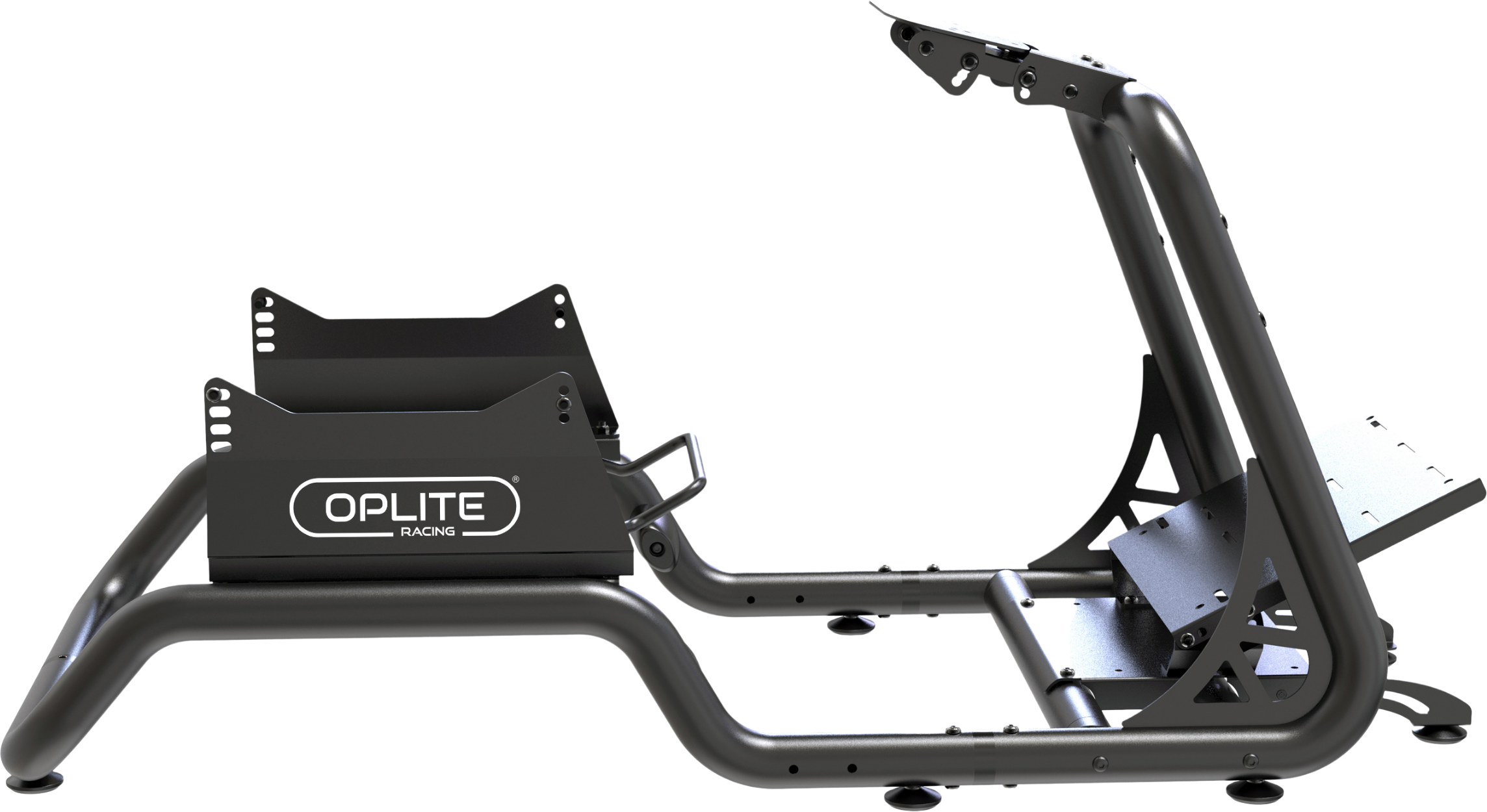 Schwarzer Rennsimulator-Rahmen auf weißem Hintergrund, mit dem Logo 'OPLITE RACING'.