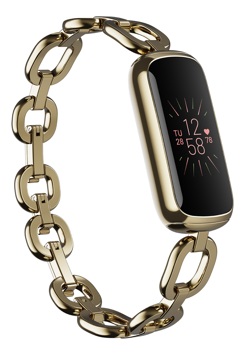 Montre connectée dorée, style chaîne, avec écran noir, affichant l'heure et la fréquence cardiaque.