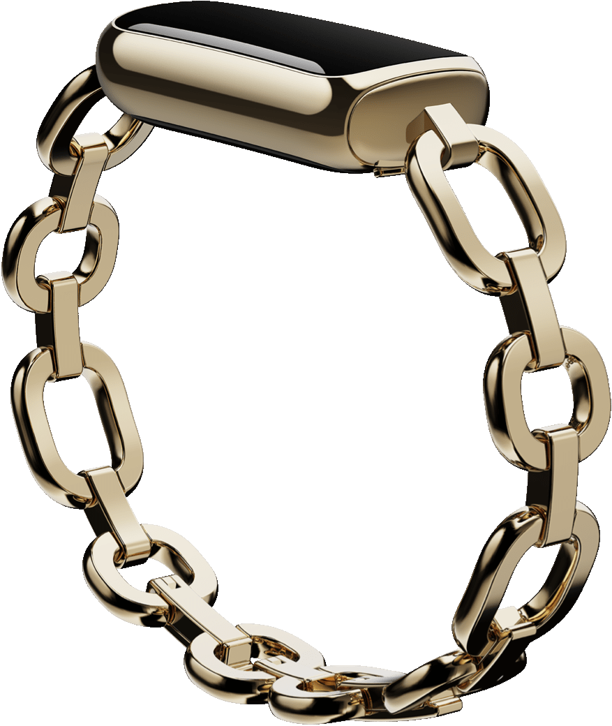 Bracelet à maillons dorés avec capteur noir. Sur fond noir.
