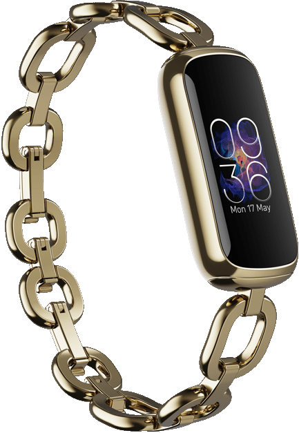 Bracelet intelligent doré avec affichage numérique, indiquant l'heure et la date.