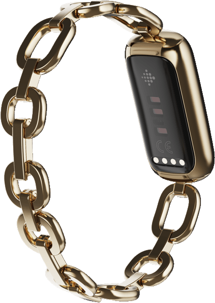 Bracelet de montre intelligente doré avec écran noir, sur fond vert.