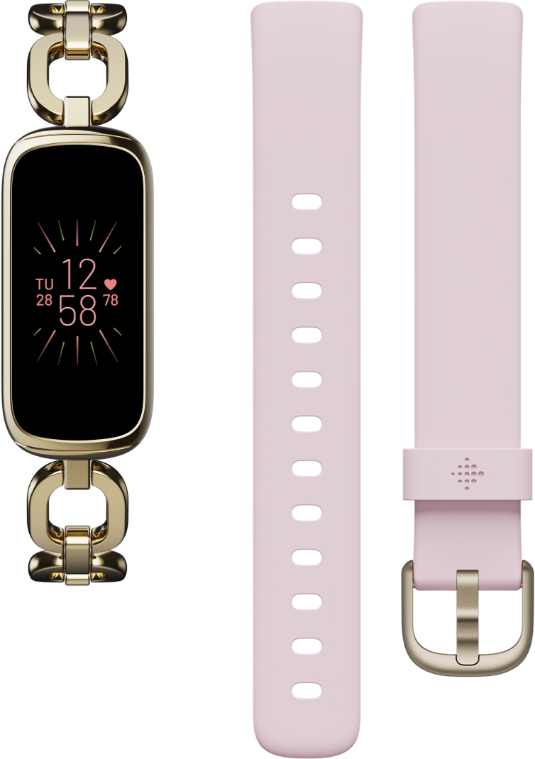 Une montre Fitbit dorée avec un bracelet rose et un bracelet rose supplémentaire.