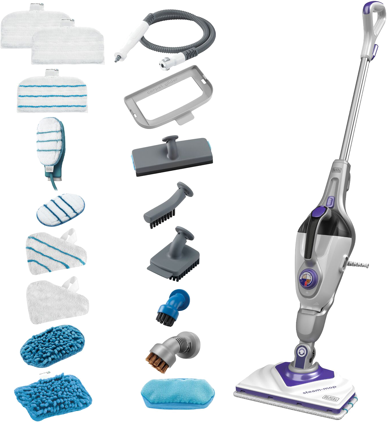 Steam mop with accessories. Includes various cleaning heads, pads, and a hose.