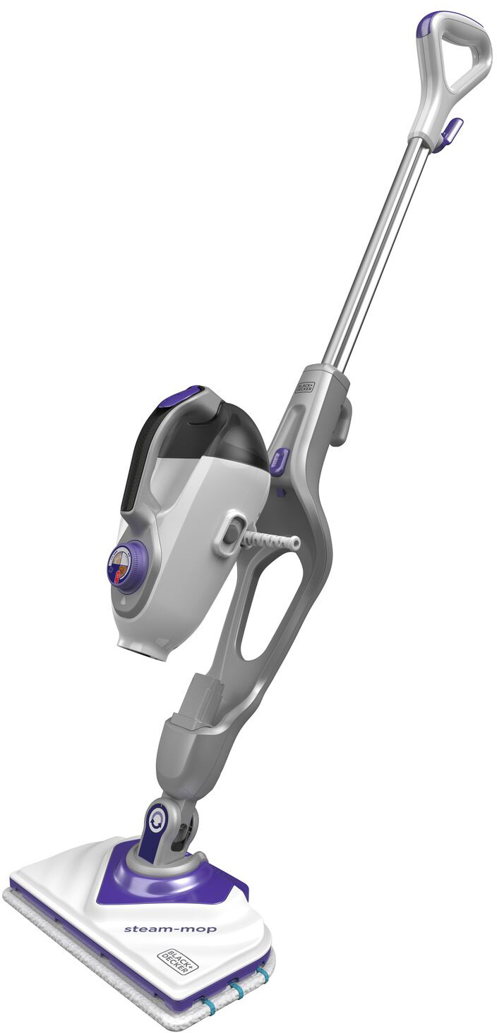 A vertical steam mop, light gray and purple, with a white mop head and a long handle.