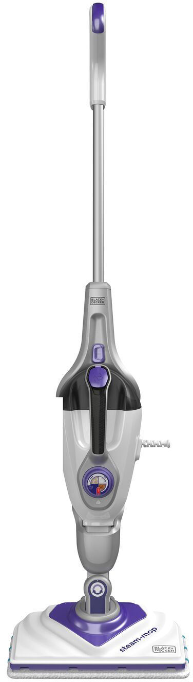 Steam mop, light gray and purple, with a white mop head and a long handle, standing upright.