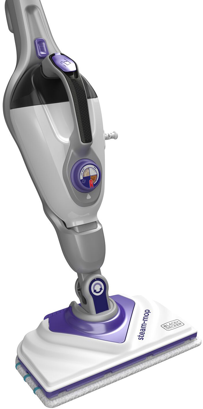 A white and purple steam mop on a white background. Black and Decker brand.