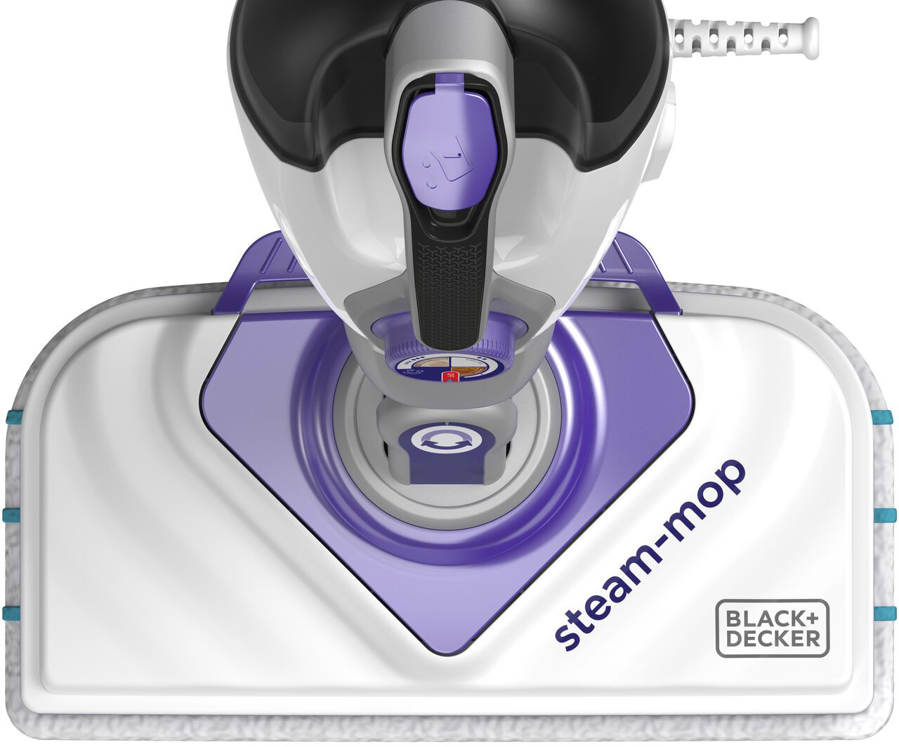 Close-up of a white and purple steam mop, with the words 'steam-mop'.