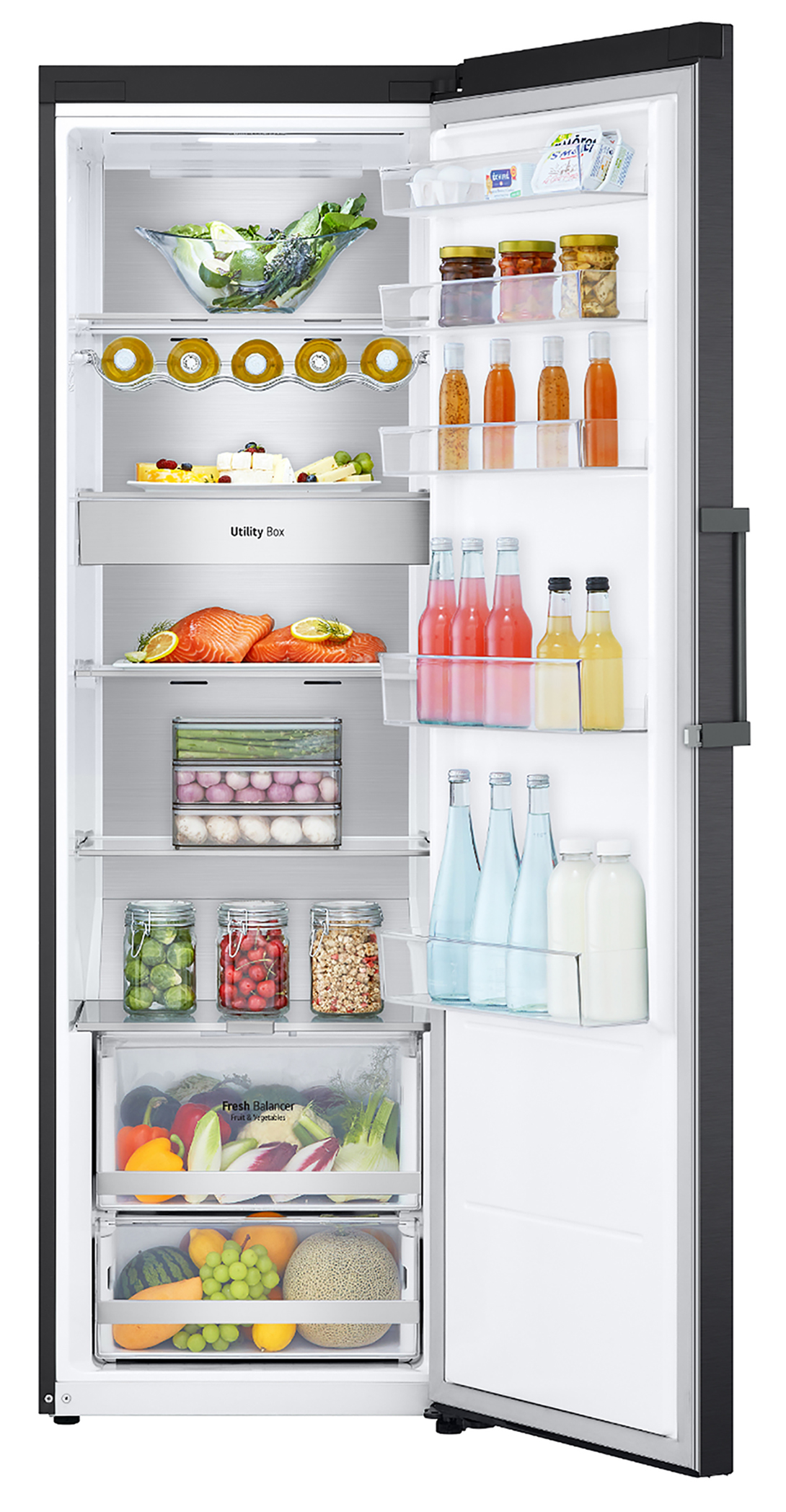 Refrigerator with open door showing food items in compartments. Fresh produce and bottles.