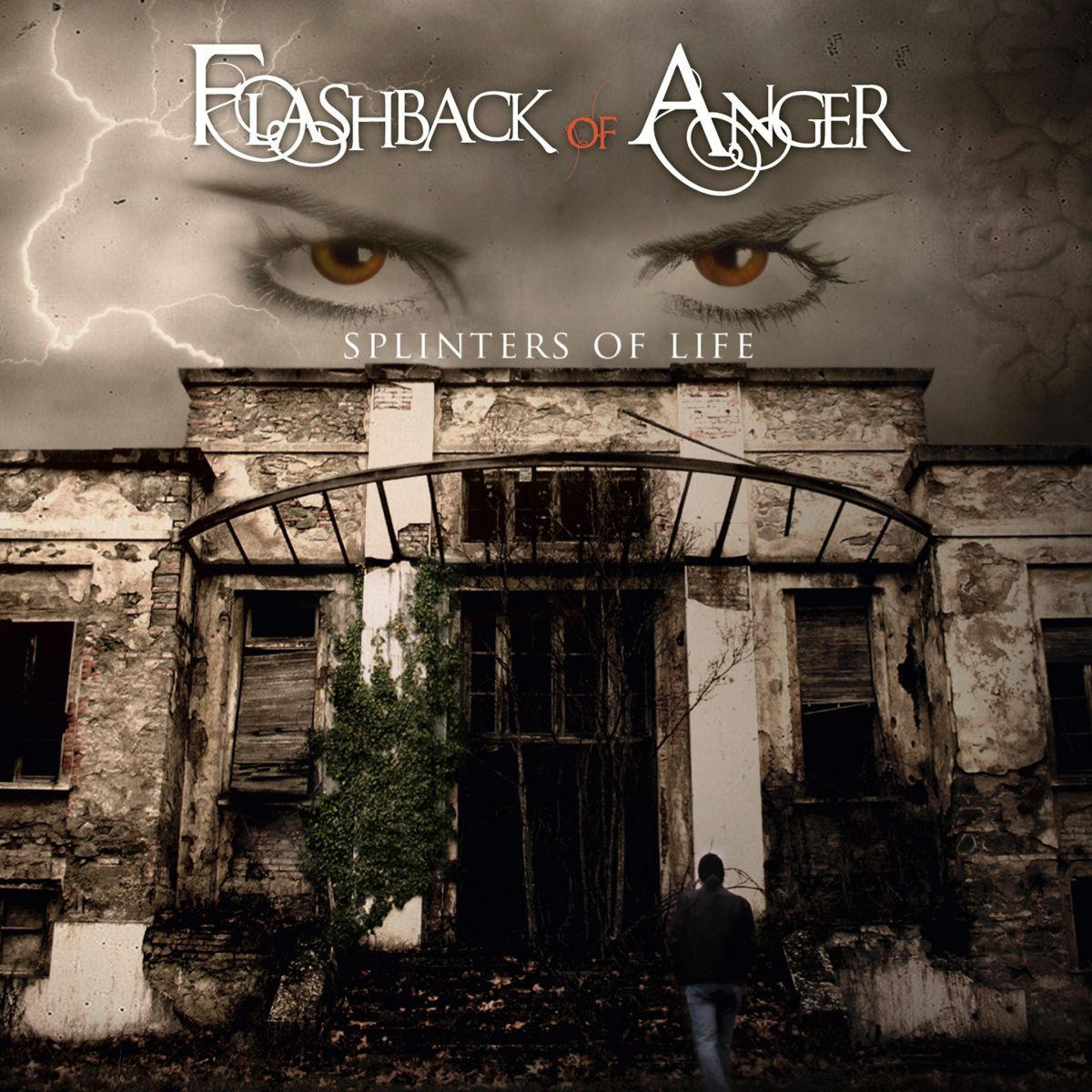 Albumcover mit zerstörtem Gebäude und Augen am Himmel. Text 'Flashback of Anger'.