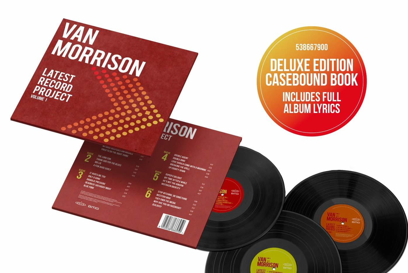 Van Morrison album borítója és bakelit lemezei. Az album a "Latest Record Project Volume 1". Egy deluxe edition könyv látható.