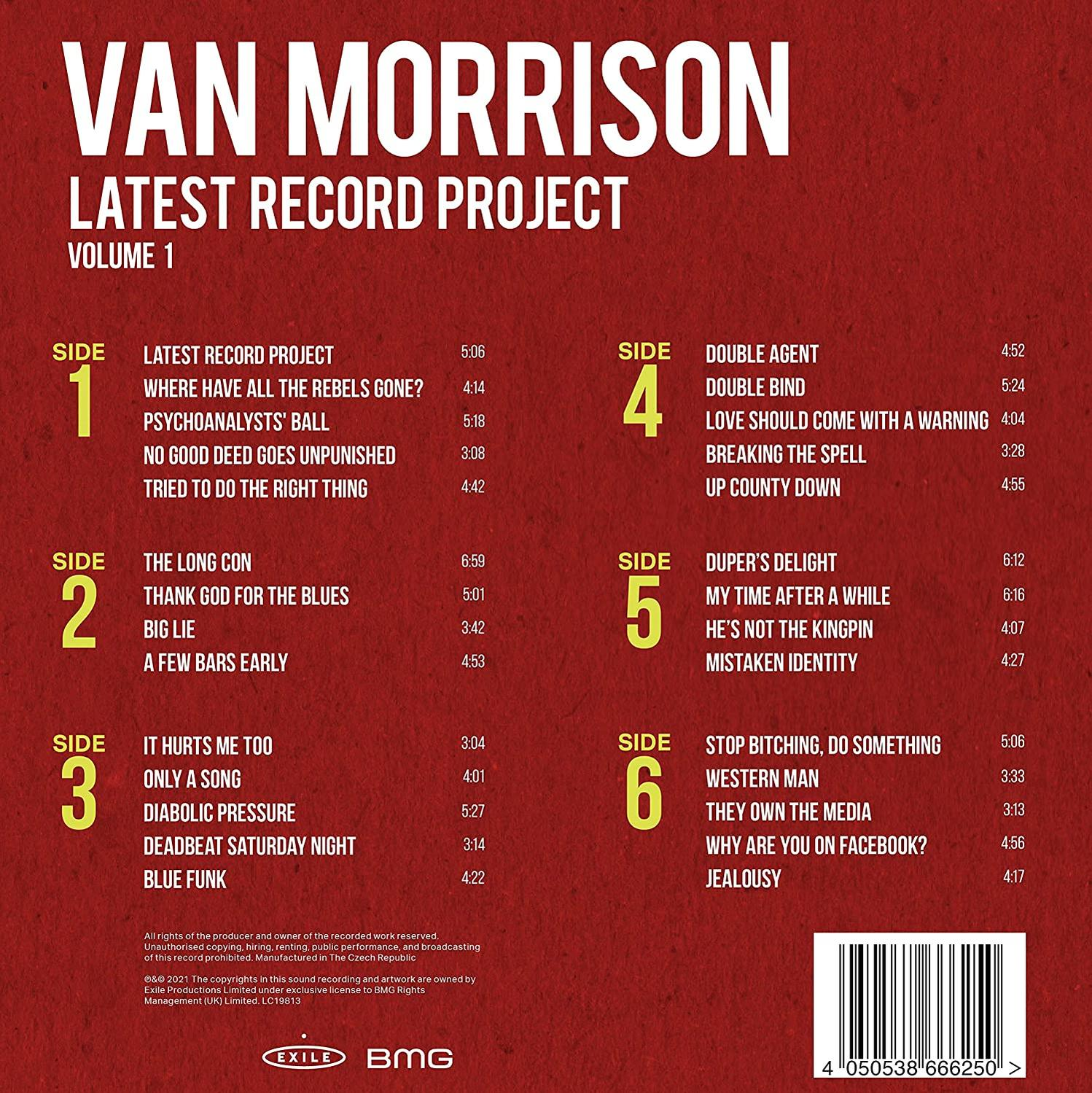 Album borító: Van Morrison 'Latest Record Project, Volume 1'. Piros háttér, fehér szöveg. Hat oldal számlistája.