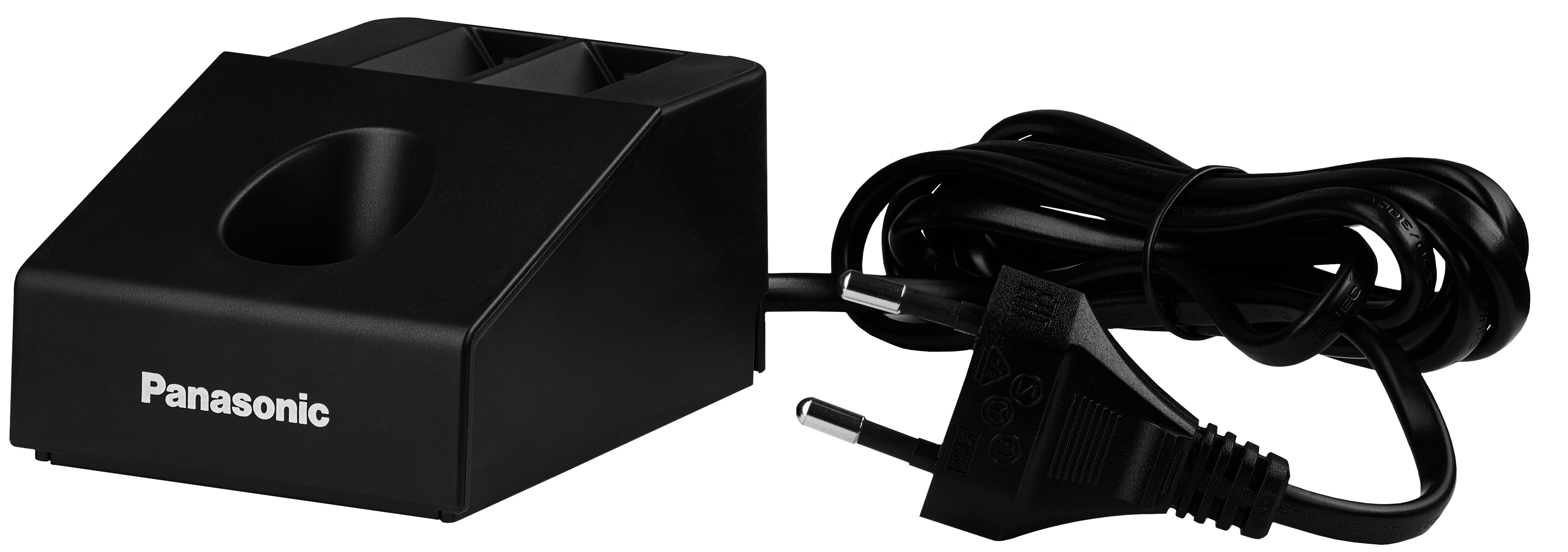 Schwarze Panasonic-Ladestation mit Stecker und Kabel.