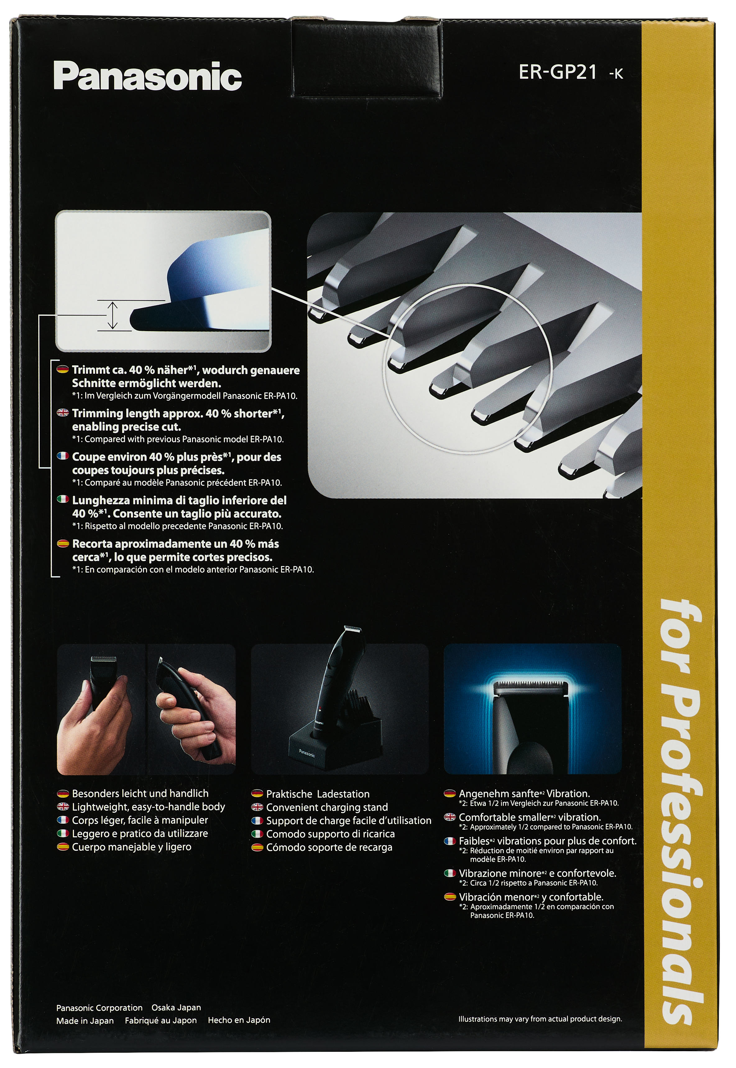 Box eines Panasonic Rasierers mit Diagrammen und Texten.
