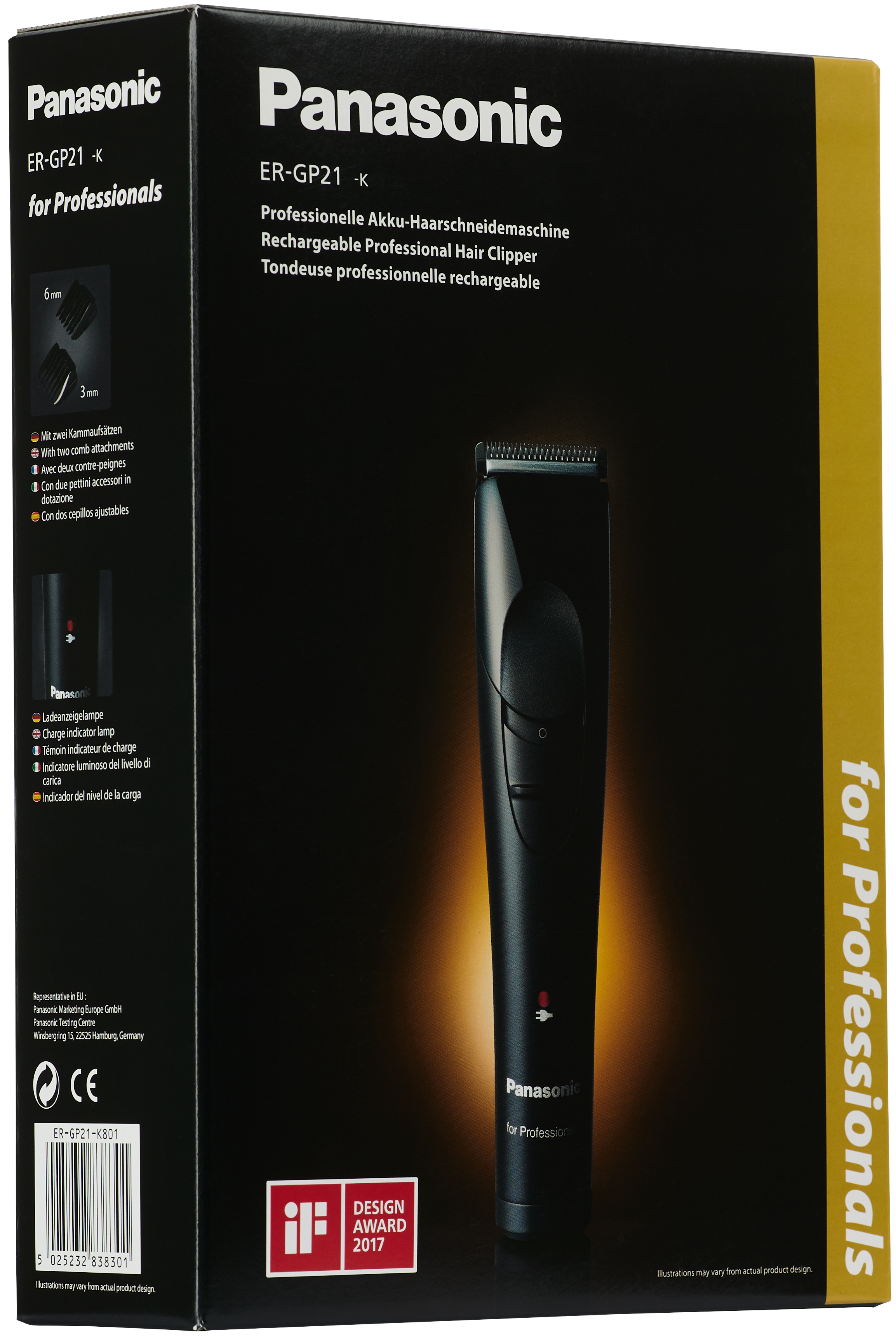 Panasonic Haarschneidemaschine-Box. Schwarz-gelbes Design mit Produktbild und Text.