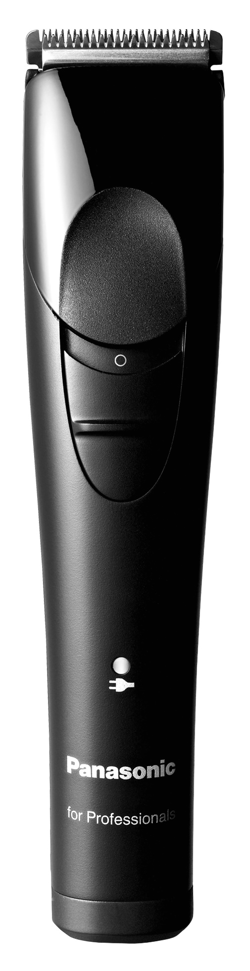 Schwarzer Panasonic Barttrimmer. Er hat ein schlankes, modernes Design mit einem Ein/Aus-Knopf und dem Logo der Marke.