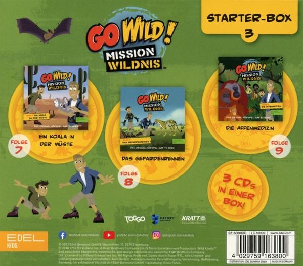 Box mit drei CD-Hüllen, Cartoon-Bilder von Tieren und Kindern. Text: Go Wild! Mission Wildnis.