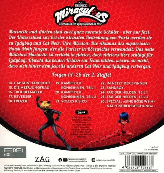 Miraculous Cartoon DVD-Cover in Rot mit Text und Cartoon-Figuren.