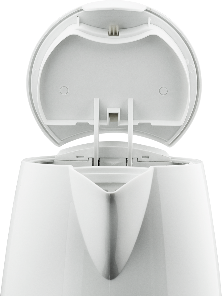 Bouilloire électrique blanche avec couvercle ouvert, vue de dessus.