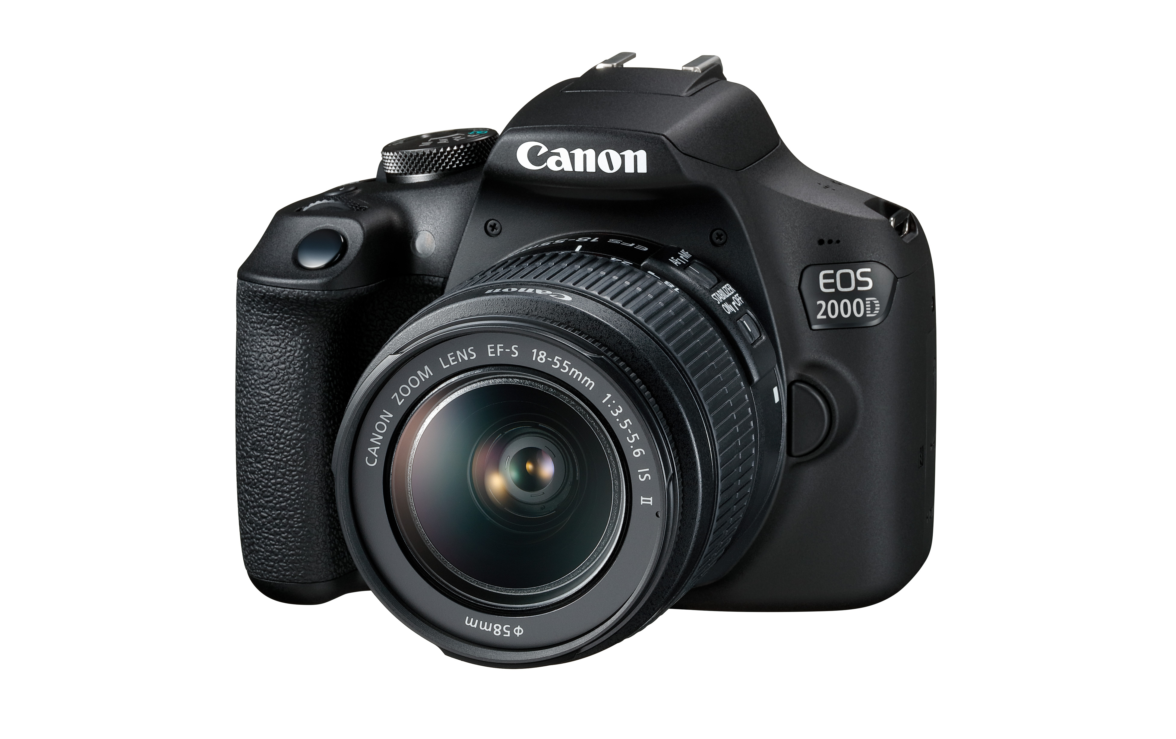 Siyah Canon EOS 2000D kamera, lensi öne bakıyor ve etrafında düğmeler var.