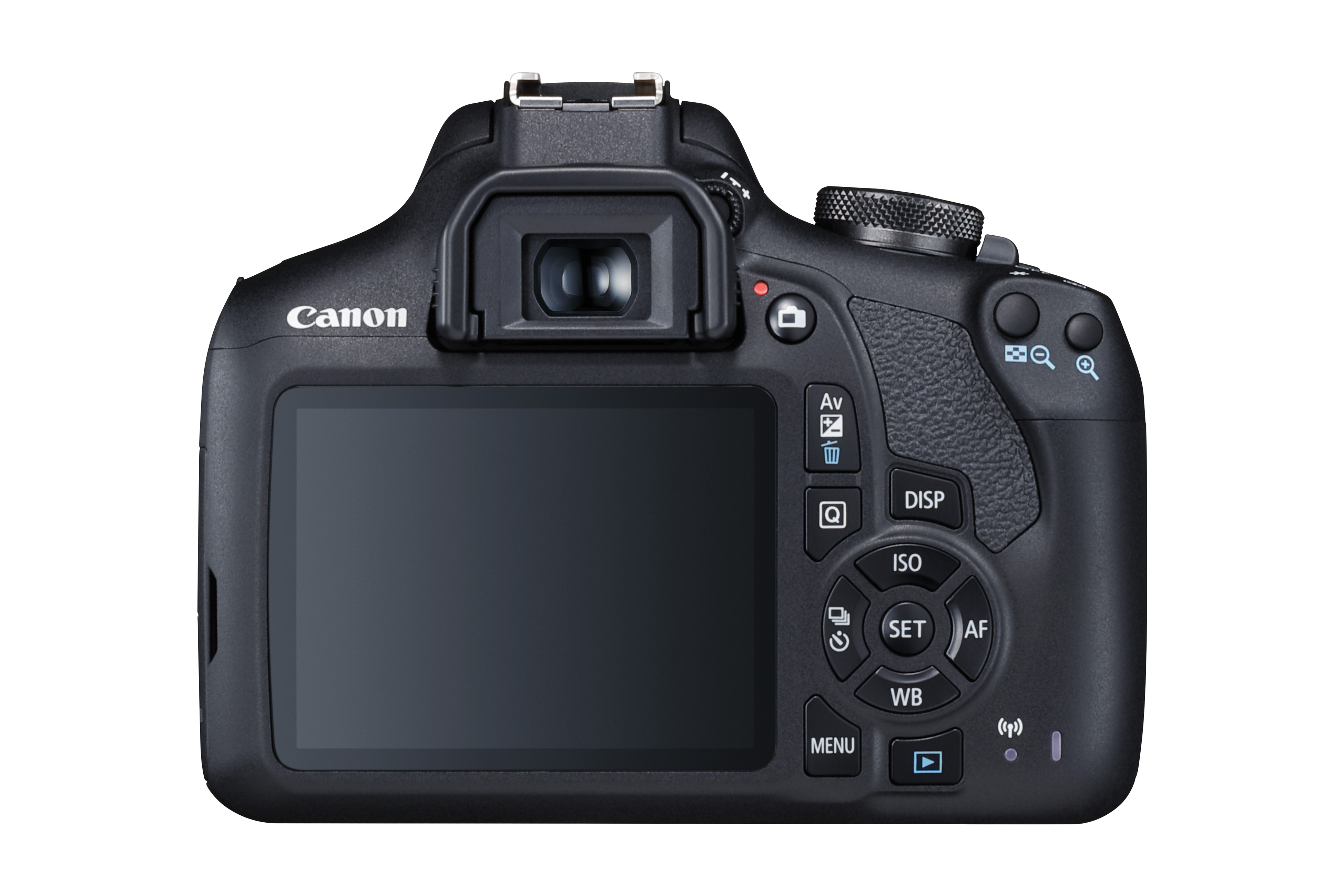 Siyah bir Canon kamera, arkadan, düğmeler, bir ekran ve bir Canon logosu ile.