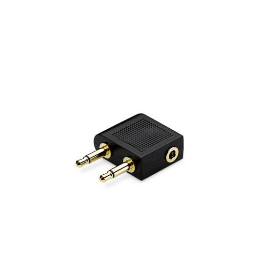 Schwarzer Audioadapter mit zwei Goldbuchsen und einer Buchse, auf weißem Hintergrund.