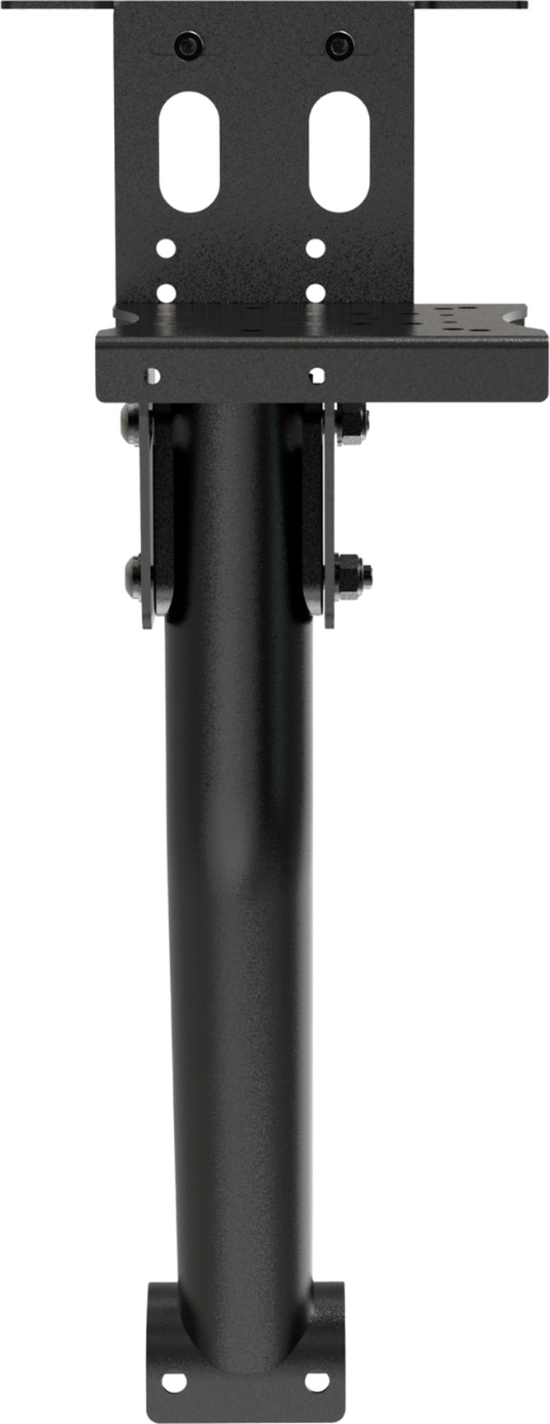 Un support en métal noir avec un poteau vertical et un support de montage en haut.