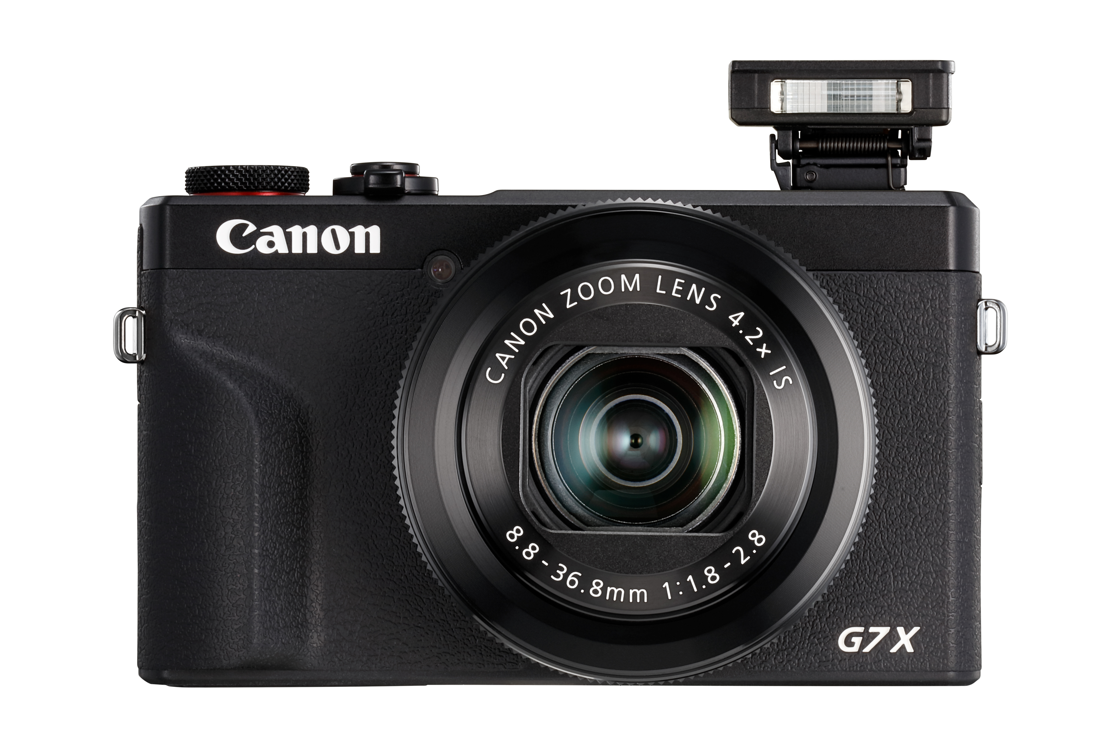 Siyah Canon G7X kamera, mercek, flaş ve Canon logosu. Kamera beyaz bir arka plan üzerinde duruyor.