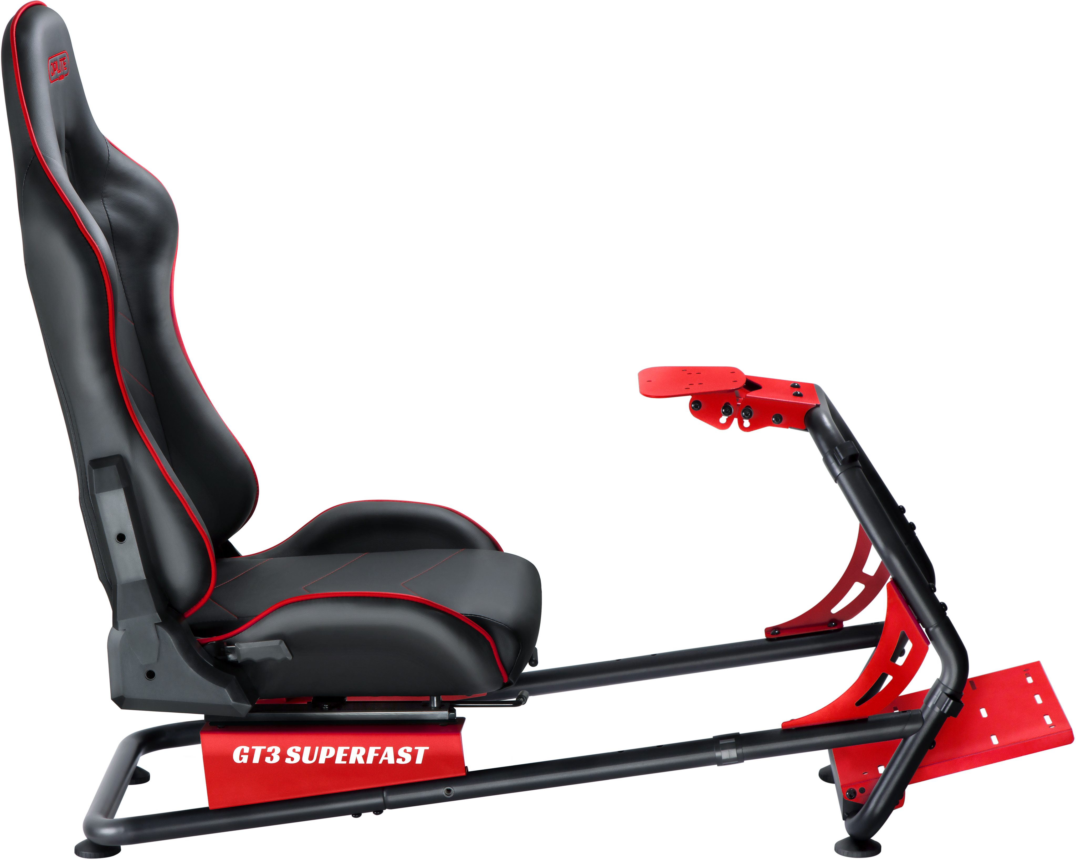Una sedia da corsa GT3 Superfast nera con dettagli rossi. La sedia è su un telaio nero e rosso.