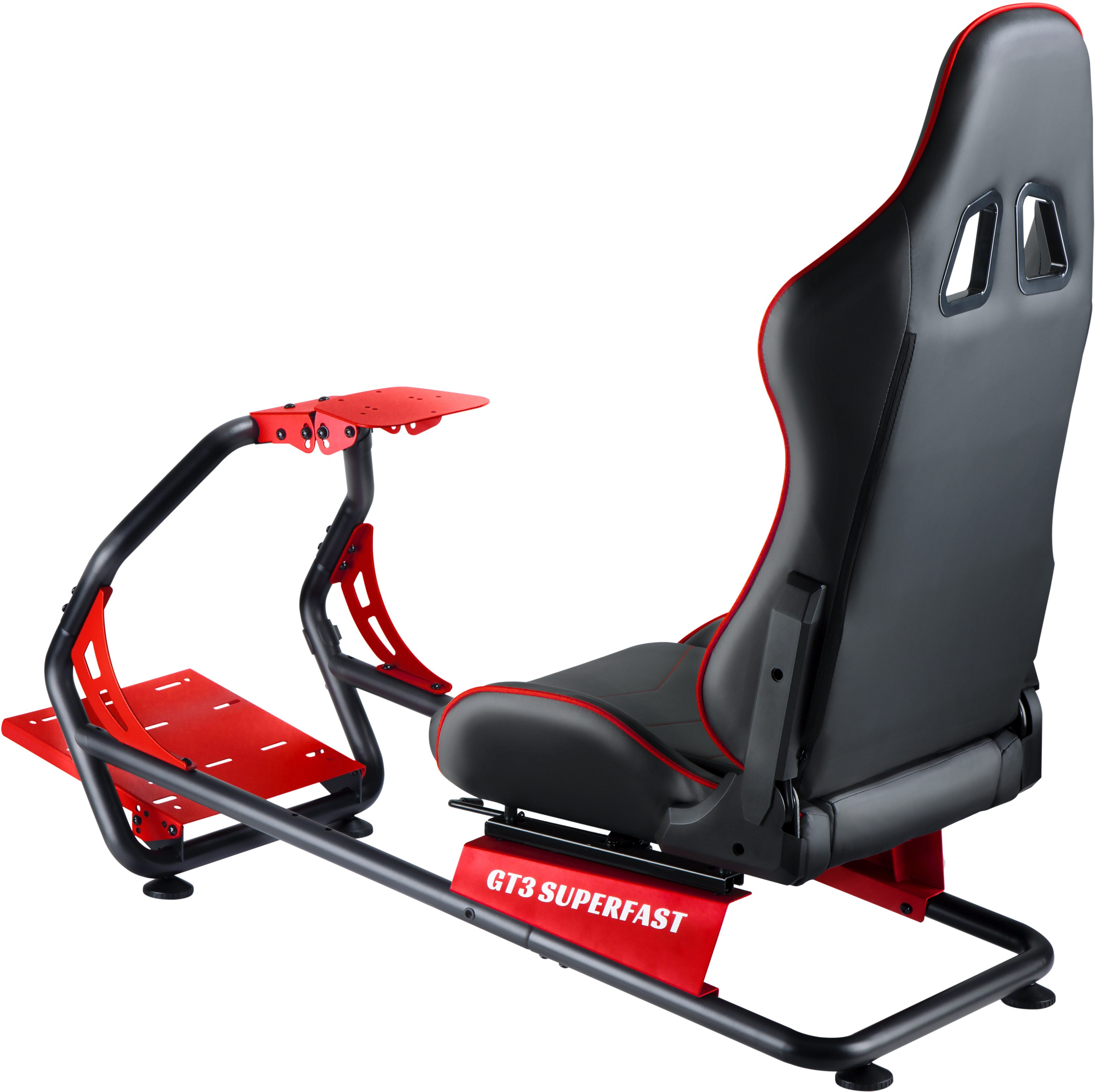 Sedia simulatore di corse GT3 Superfast nera e rossa con piattaforma pedali.