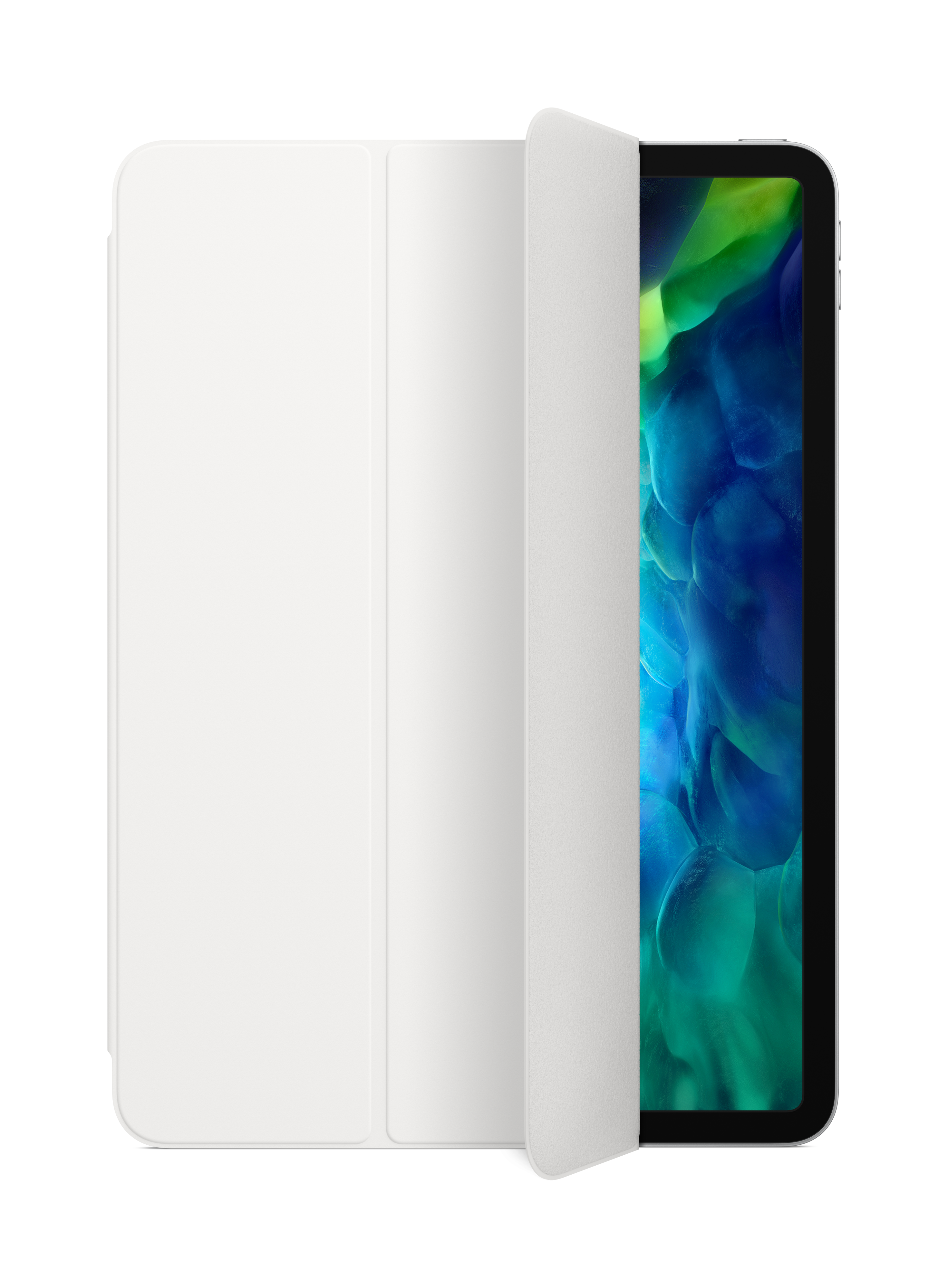 Funda de iPad blanca, abierta, mostrando la pantalla.